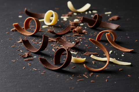 Shavings on milk, white and dark chocolate on a slate