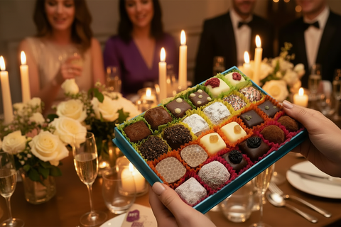 Dinner party background with roses and candles and an open box of chocolates in the foreground