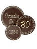 3 Milk chocolate plaques hand piped with decorative borders and 'Personalise Me!' '30' and a calendar date text in white chocolate. On a white background.