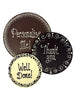 Three round chocolate plaques piped in  white or dark chocolate with text 'Personalise Me!', 'Thank you', and 'Well Done!' on a white background.