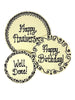3 White chocolate plaques hand piped with decorative borders and 'Happy Anniversary' 'Happy Birthday!' and 'Well Done!' text in dark chocolate. On a white background.