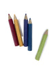 Five coloured pencils in red, yellow, purple, blue, and green on a white background