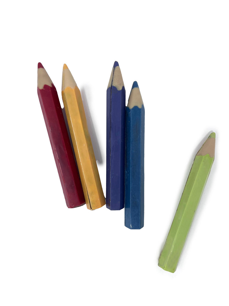 Five coloured pencils in red, yellow, purple, blue, and green on a white background
