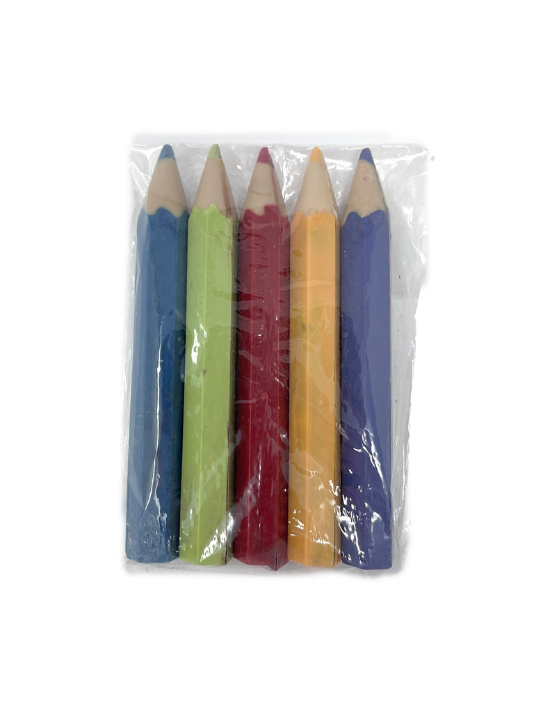Set of five coloured pencils in a clear plastic package on a white background