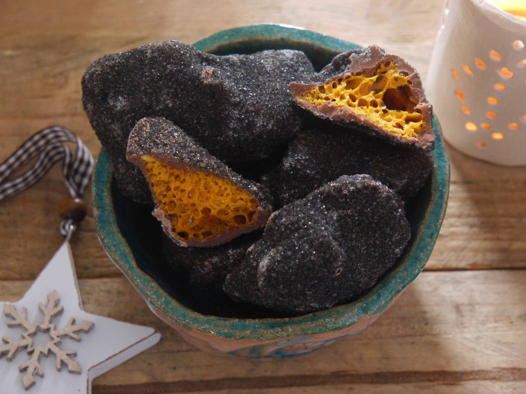 Christmas Coal cinder toffee dipped in milk chocolate and rolled in black sugar