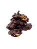 Pile of almond clusters in dark chocolate on a white background.