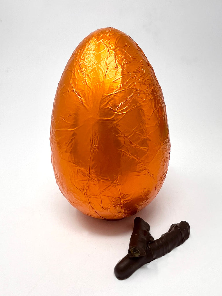 Handmade 70% dark chocolate orange Easter Egg in bright orange foil.