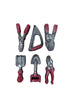 Set of miniature dark chocolate gardening tools with red handles on a white background.
