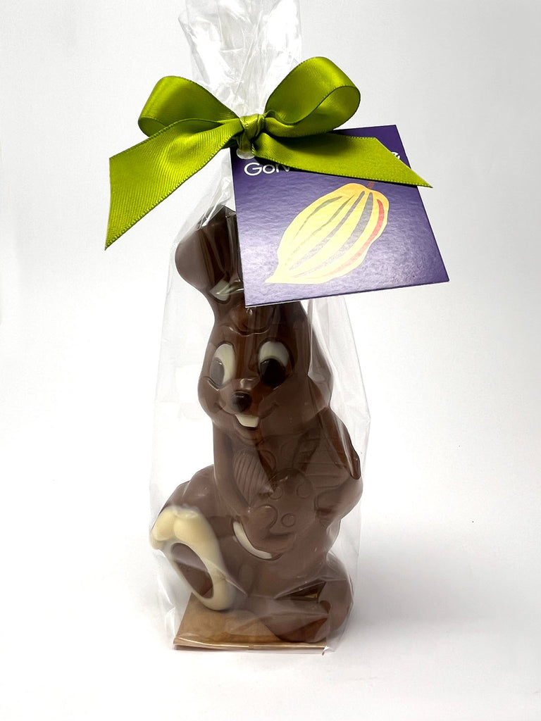 MIlk chocolate bunny in a clear cellophane bag tied with a green satin ribbon. On a white background.