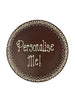Milk chocolate plaque hand piped  with a decorative border and 'Personalise Me!' text in white chocolate. On a white background.