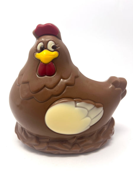 Milk chocolate Easter hen on a white background.