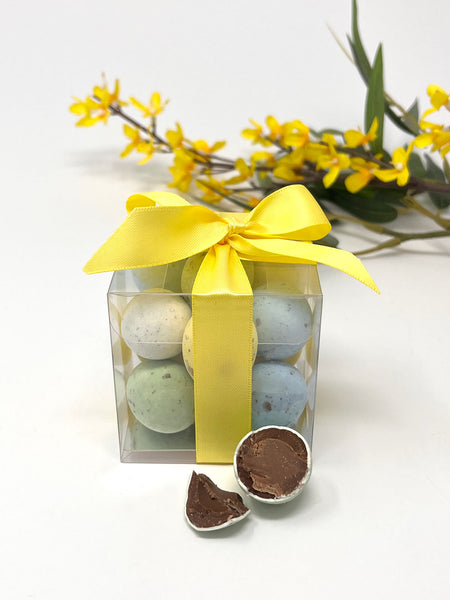 Assorted pastel colour mini praline eggs in a clear box tied with a yellow ribbon with yellow flowers behind. On a white background.