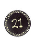 Dark chocolate plaque hand piped  with a decorative border and '21' text in white chocolate. On a white background.