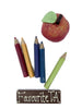 Colorful pencils and an apple with a leaf on a white background, featuring a chocolate bar that says 'Favourite T.A.'